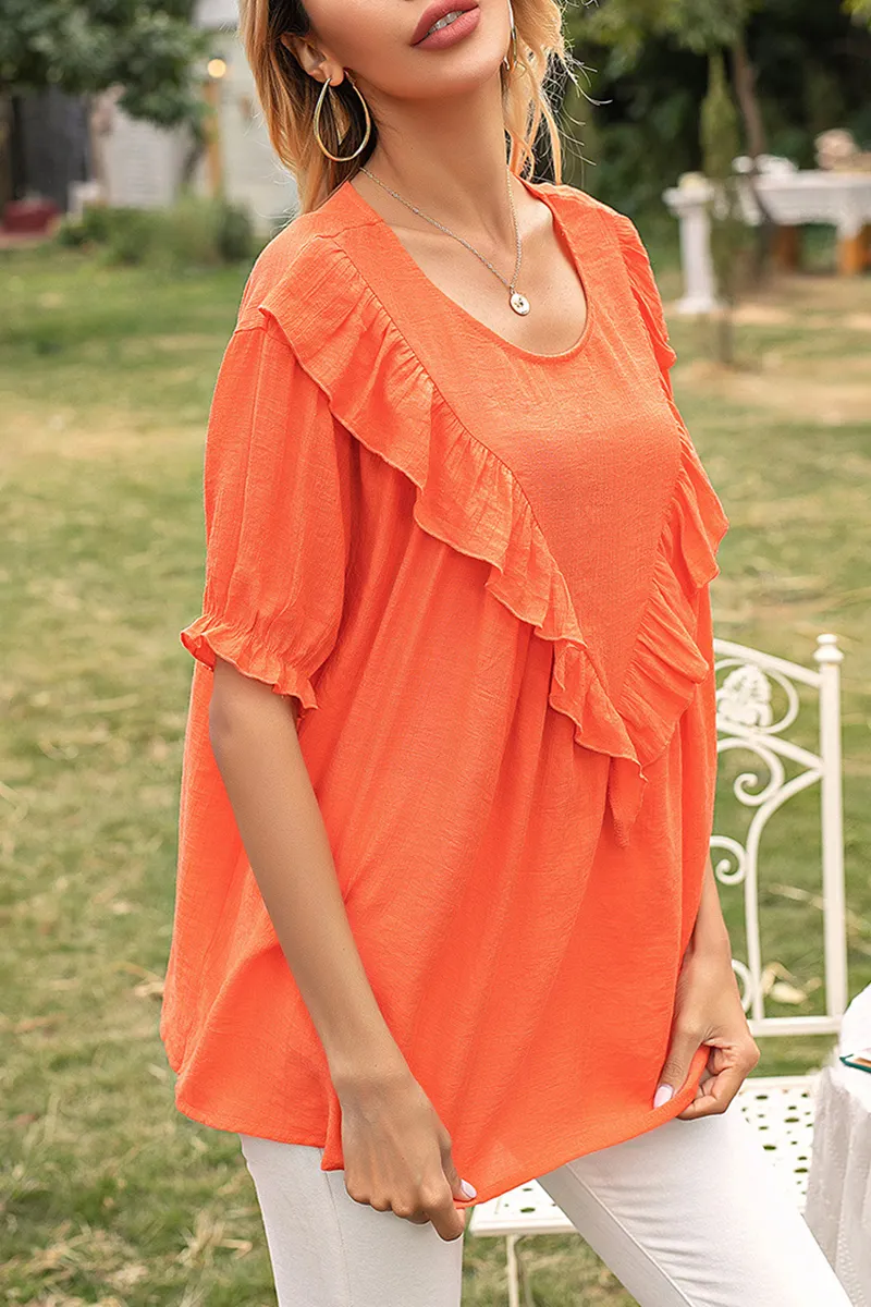 Elegant Solid Split Joint Flounce O Neck T-Shirts