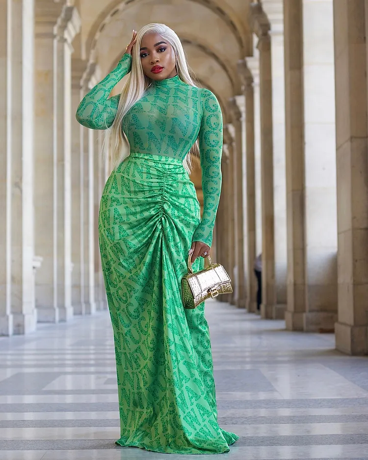 Women Clothing Autumn Winter Mesh Top Pleating Slim Fit Maxi Dress Two Piece Set 
