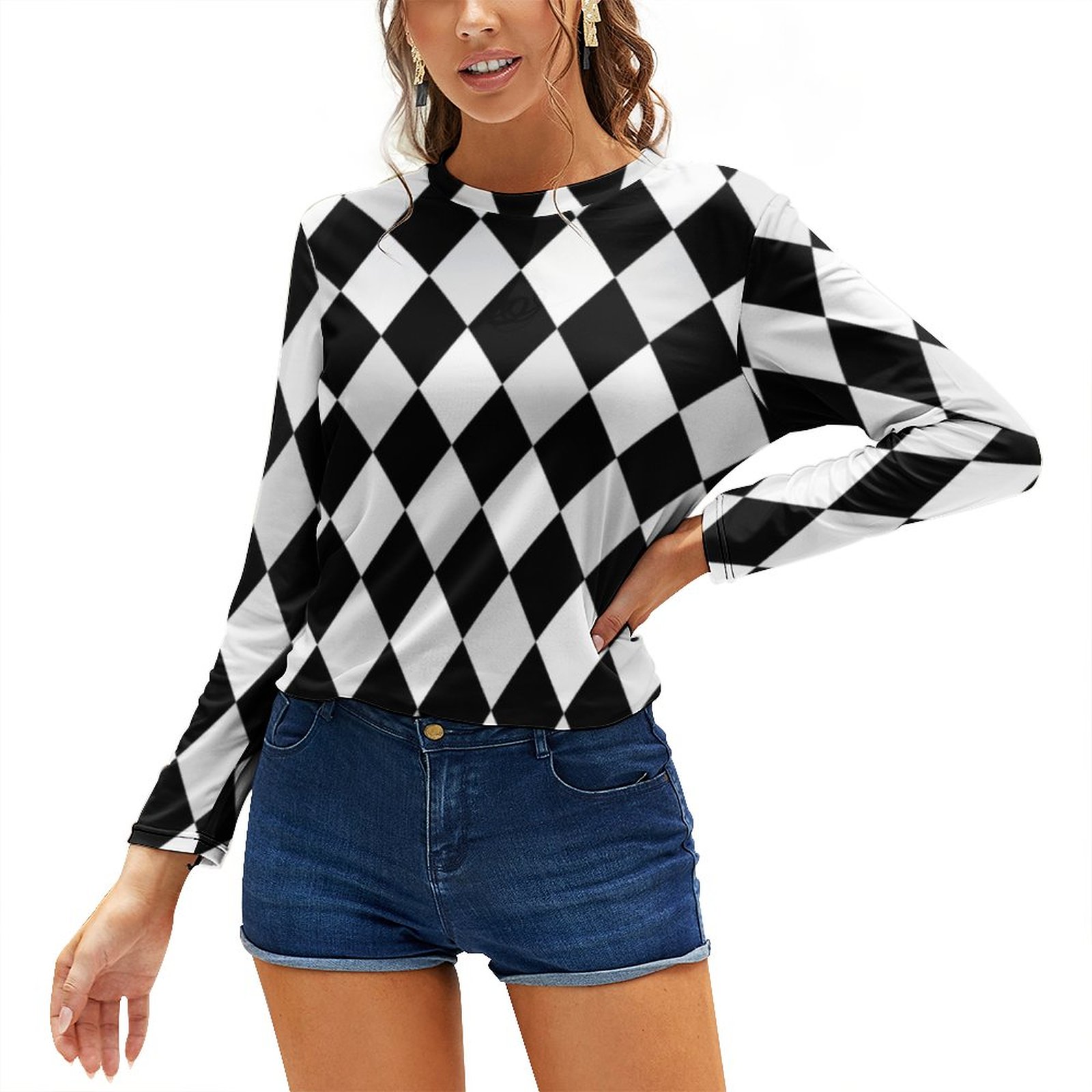 Black And White Harlequin Diamond Long Sleeve Print Round Neck Tee T-Shirt Tops