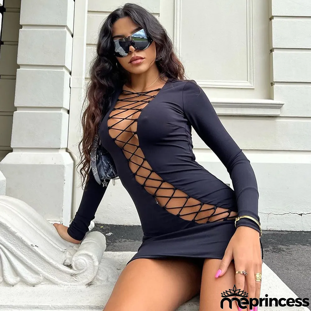 Women Sexy Hollow Tie V-neck Long Sleeve Bodycon Dress