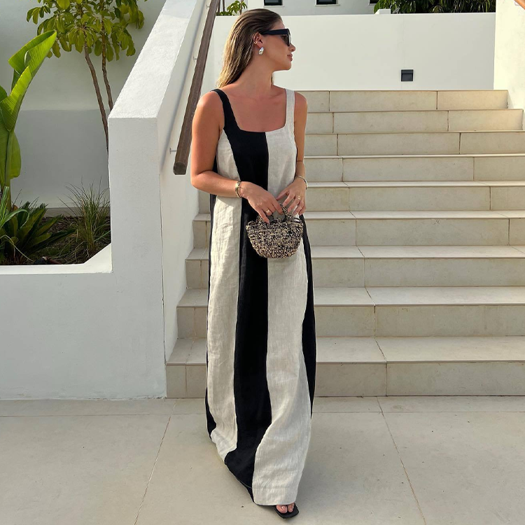 Color Block Cotton and Linen Dress