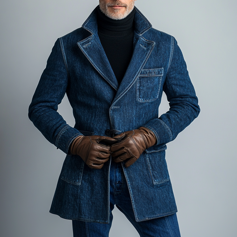 Men's Lapel Collar Single Breasted Pockets Denim Coat