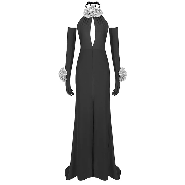 Halter Silver Flower Dress With Gloves