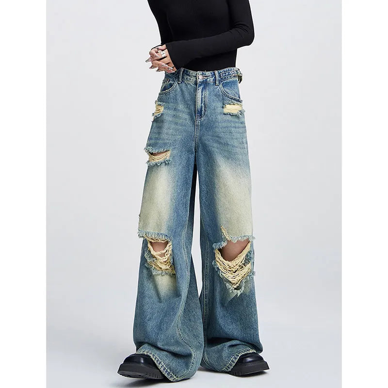 Aiertu Blue ripped jeans for women, summer American high street retro floor-length pants, loose high-waisted straight wide-leg pants Aiertu