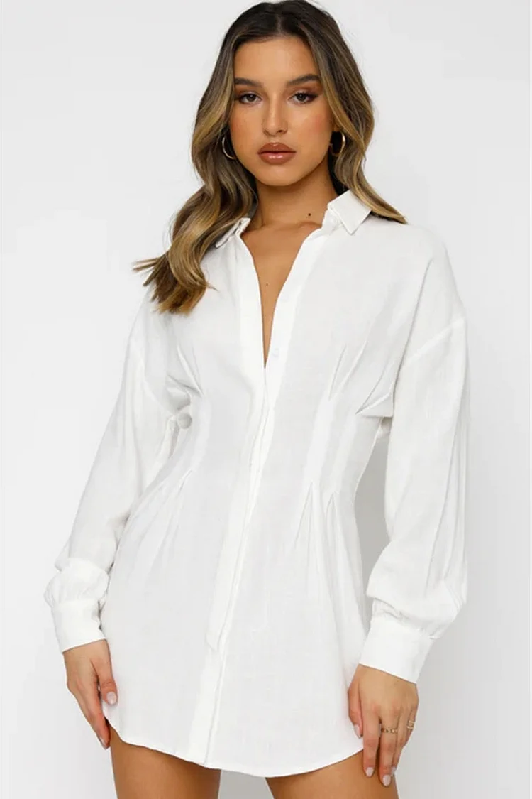 Ruched Waisted V Neck Long Sleeve Shirt Mini Dresses
