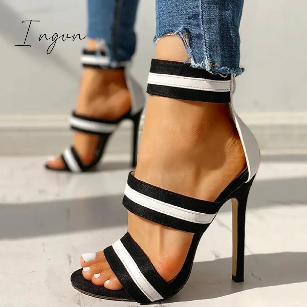 Ingvn - Stripes Open Toe Thin Heels White / 5