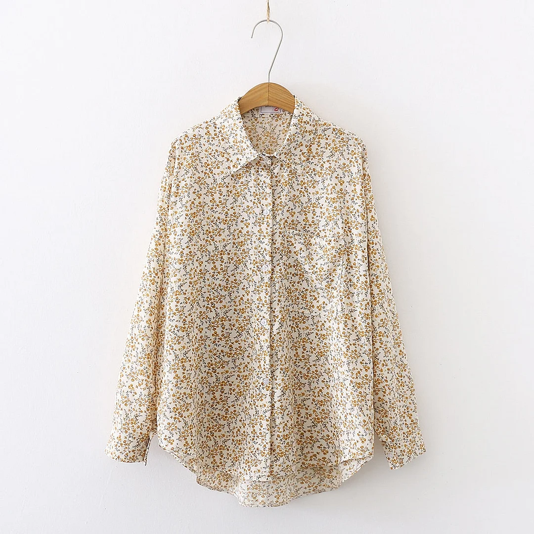 Spring New Women Vintage Loose Letter Floral Shirt Long Sleeve Button Up Chiffon Blouse Turn-Down Collar Autumn Casual Tops T094