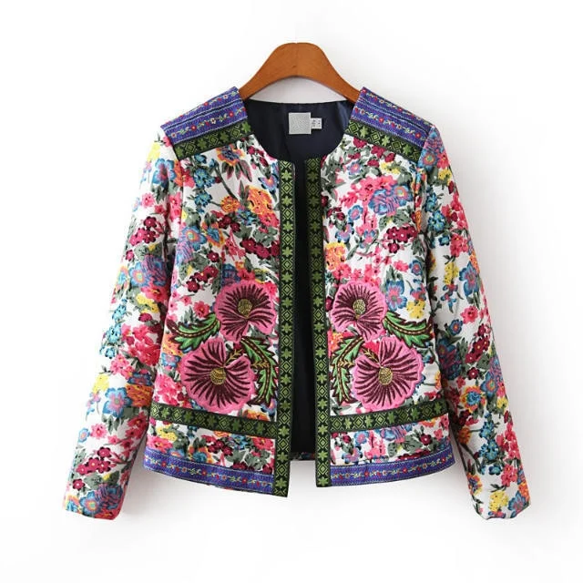 2021 Spring And Autumn New Fashion Embroidery Flower Print Short Design Wadded Jacket Female Casual Coats Vintage Cotton-padded