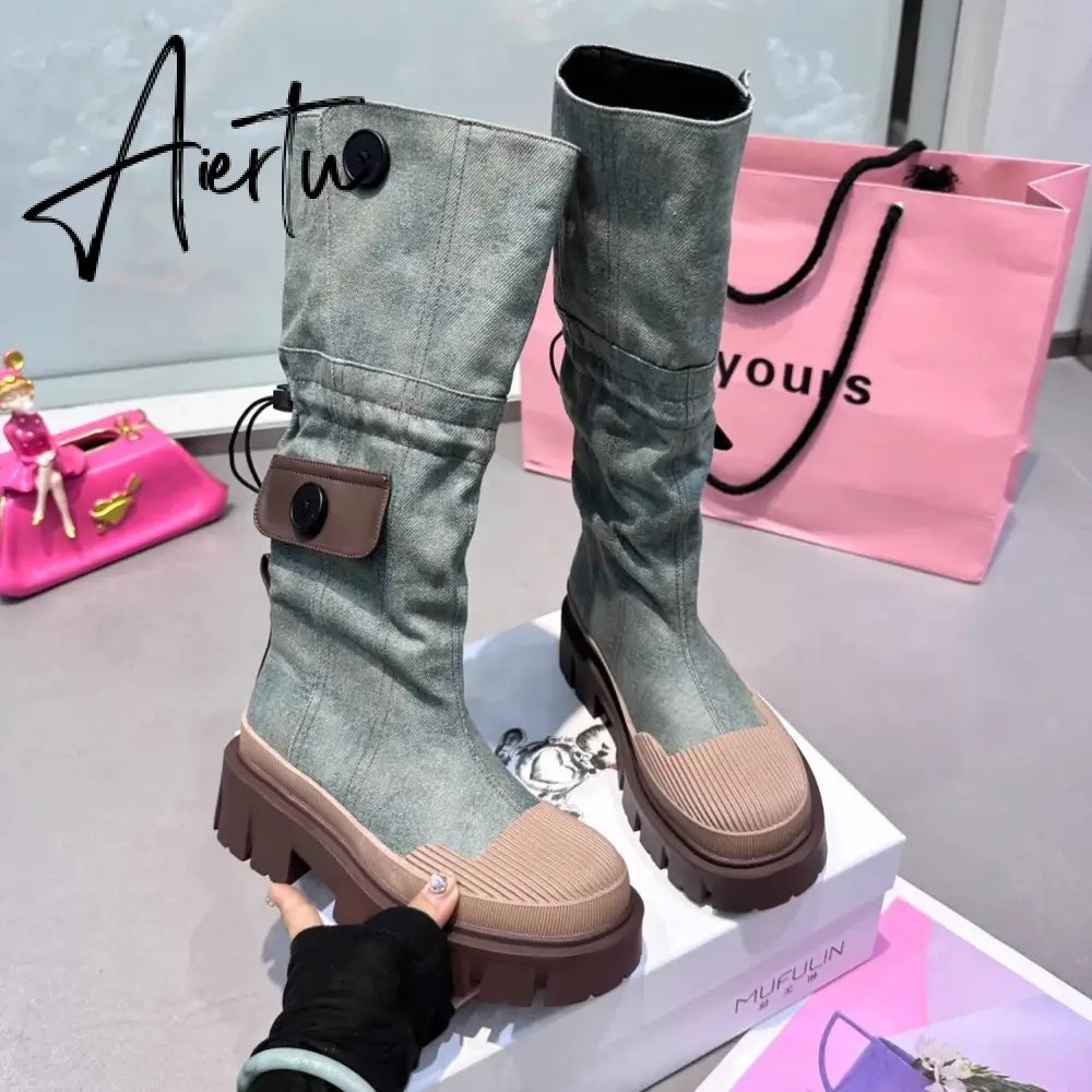 Autumn and Winter New Fashion Two Knee length Boots Women's Denim Washed Shell Head Thick bottomed Tooling Boots Aiertu