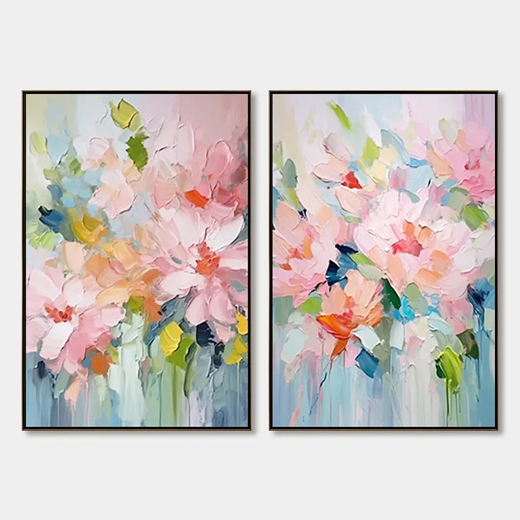 BLOSSOM CHORALE: Textured Impressionist Floral Diptych Oil Painting（Canvas painting）