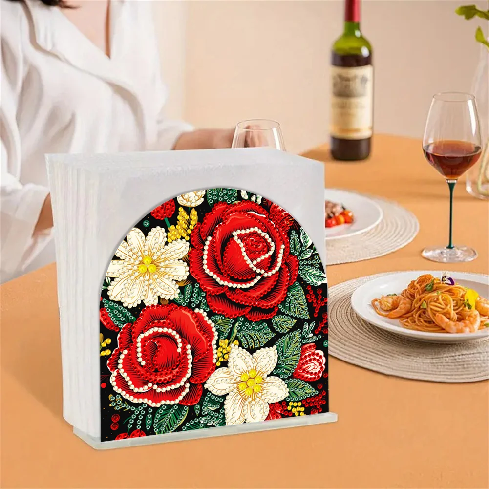 5D DIY Christmas Red Roses Acrylic Diamond Art Painting Napkin Holder Set
