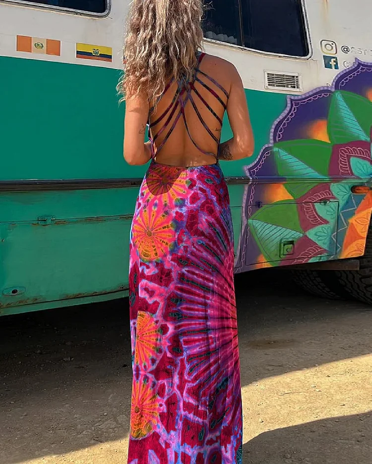 Tie-Dye Maxi Dress with Flirty Back Lace-Up Detail