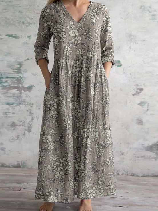 Women's 3/4 Sleeve V-neck Floral Printed Midi Dress