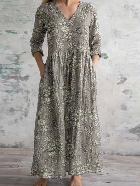 Women's 3/4 Sleeve V-neck Floral Printed Midi Dress
