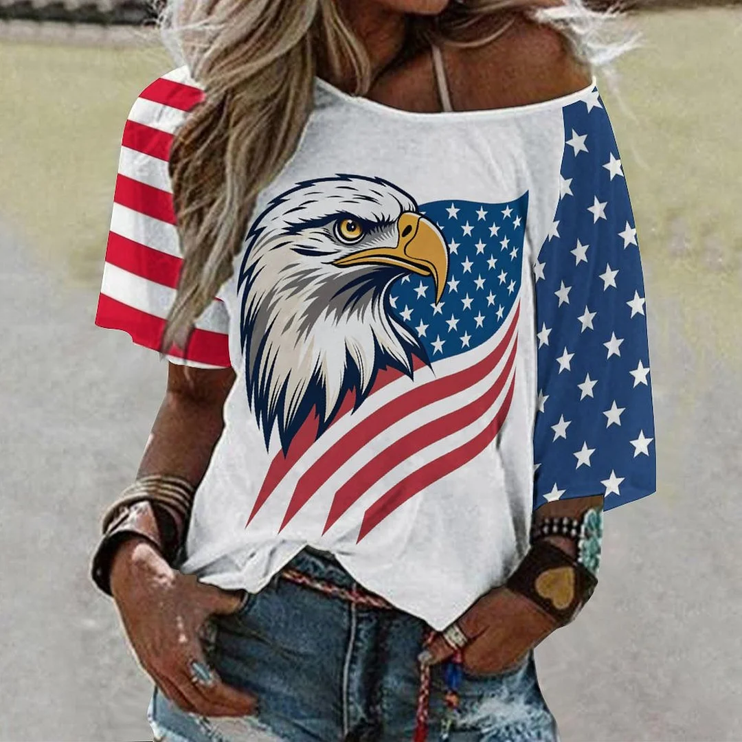 Shoulder Off  Loose Short Sleeve Casual T-shirt for Women Printed with Pattern USA, Independence Day, Star, Striped, Blue, Red