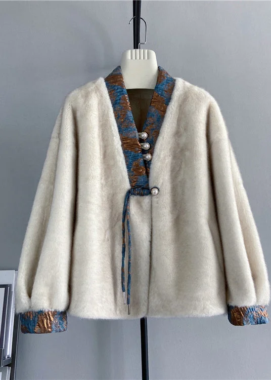 Chinese Style Beige V Neck Tasseled Mink Cashmere Coat Winter