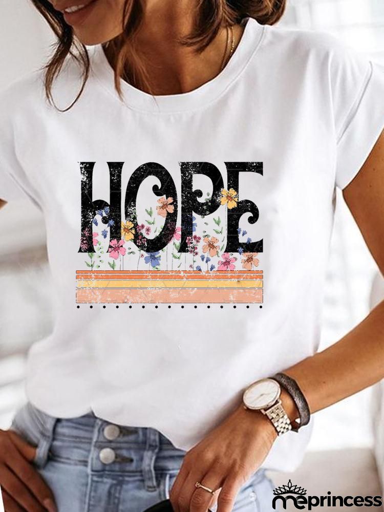 Women Fashion Base Letter Sunflower Cross Print Round Neck Short Sleeve T-Shirt