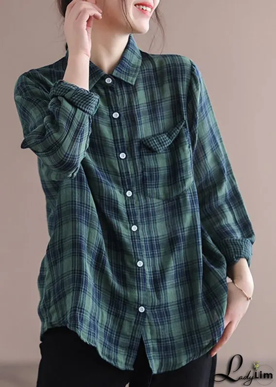 Green Peter Pan Collar Plaid Pockets Cotton Shirt Long Sleeve