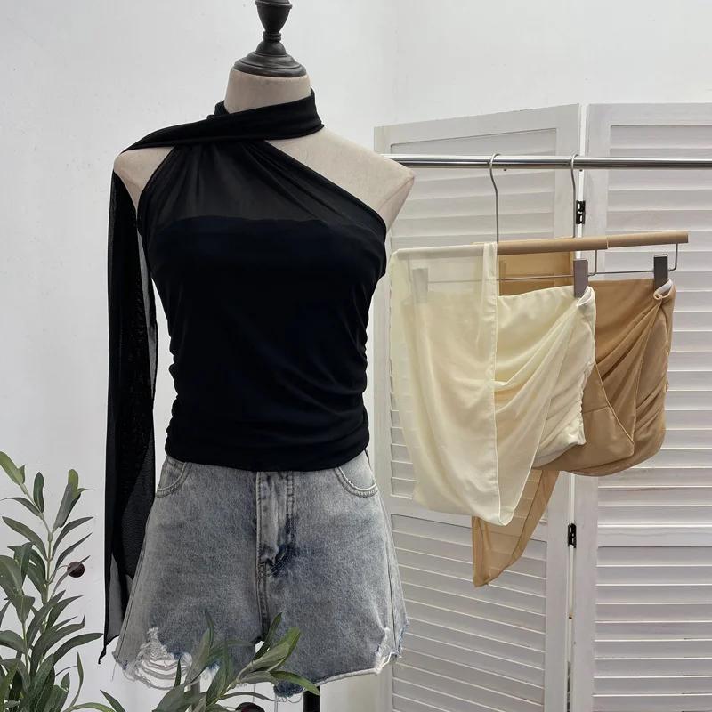 Churchf Real Shooting Mesh Ribbon Hanging Neck Folded Sleeveless Top Babes Two-Wearing Design Wrapping Bras 1125