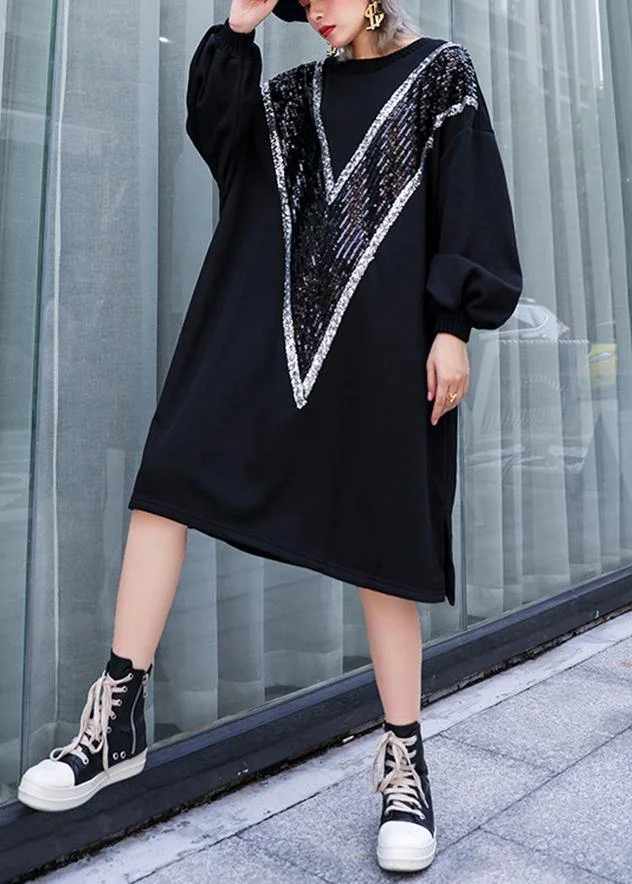 Loose black Cotton clothes Women o neck Sequined Dresses