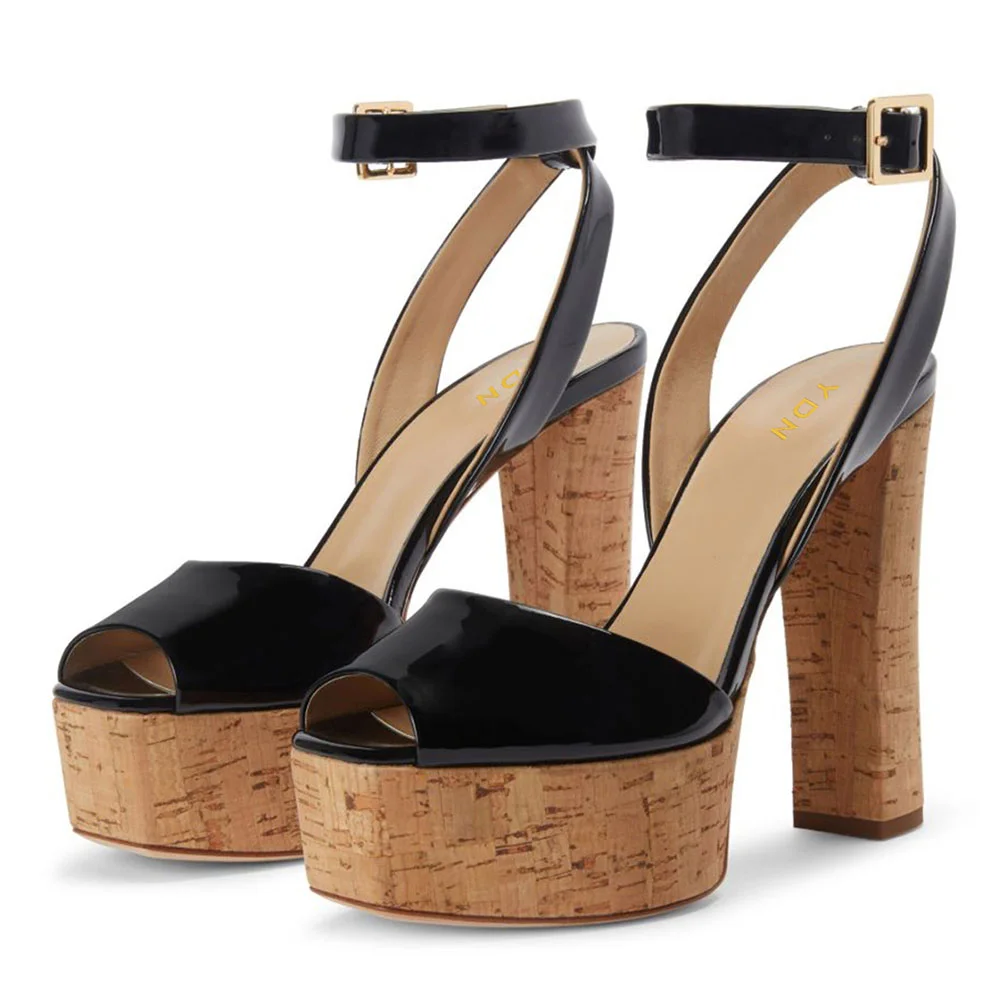 Patent Peep Toe Ankle Strap Black Platform Sandals with Chunky Heel