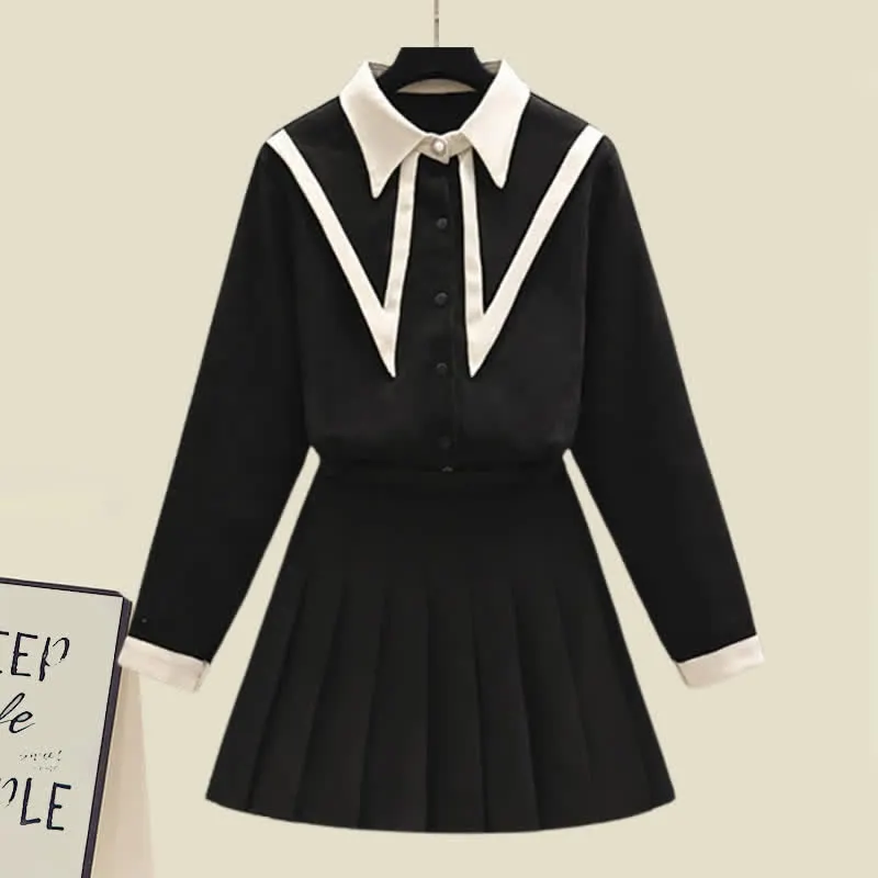 Lapel Shirt Pleated Skirt Two Piece Set