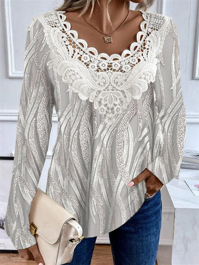 Women plus size clothing Women's Long Sleeve Scoop Neck Graphic Printed Lace Stitching Top-Nordswear