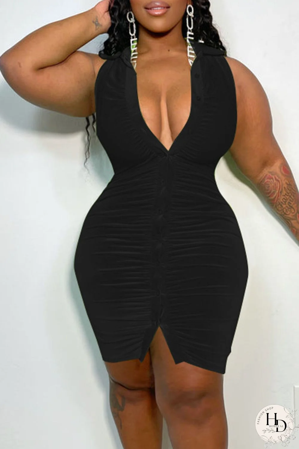 Black Sexy Solid Patchwork Buckle Fold Turndown Collar Pencil Skirt Plus Size Dresses