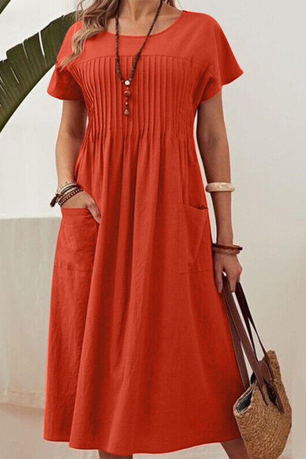 Plus Size Everyday Army Green Cotton And Linen Pleated Chest Pocket Midi Dress 2024 - Flycurvy 