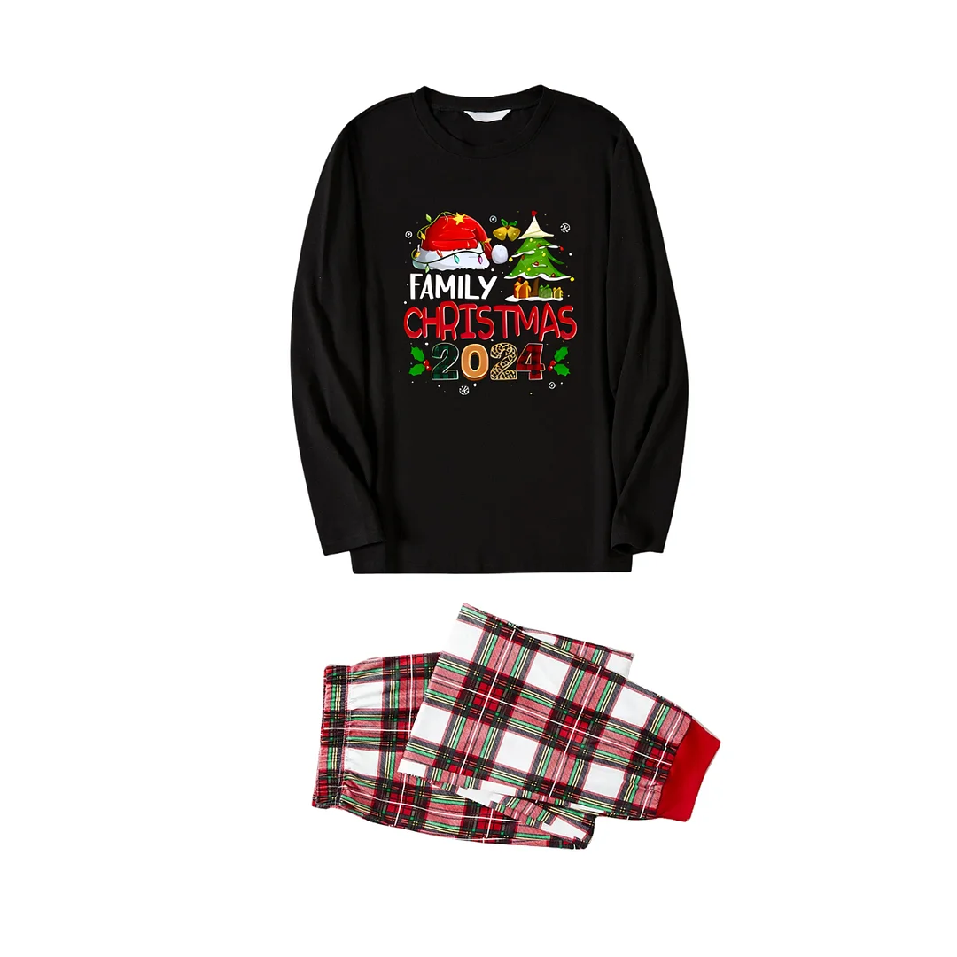 "Family Christmas 2024" with Santa Hat and Christmas Tree Pattern Black Top with Red & White & Green Plaid Pants Family Matching Pajamas