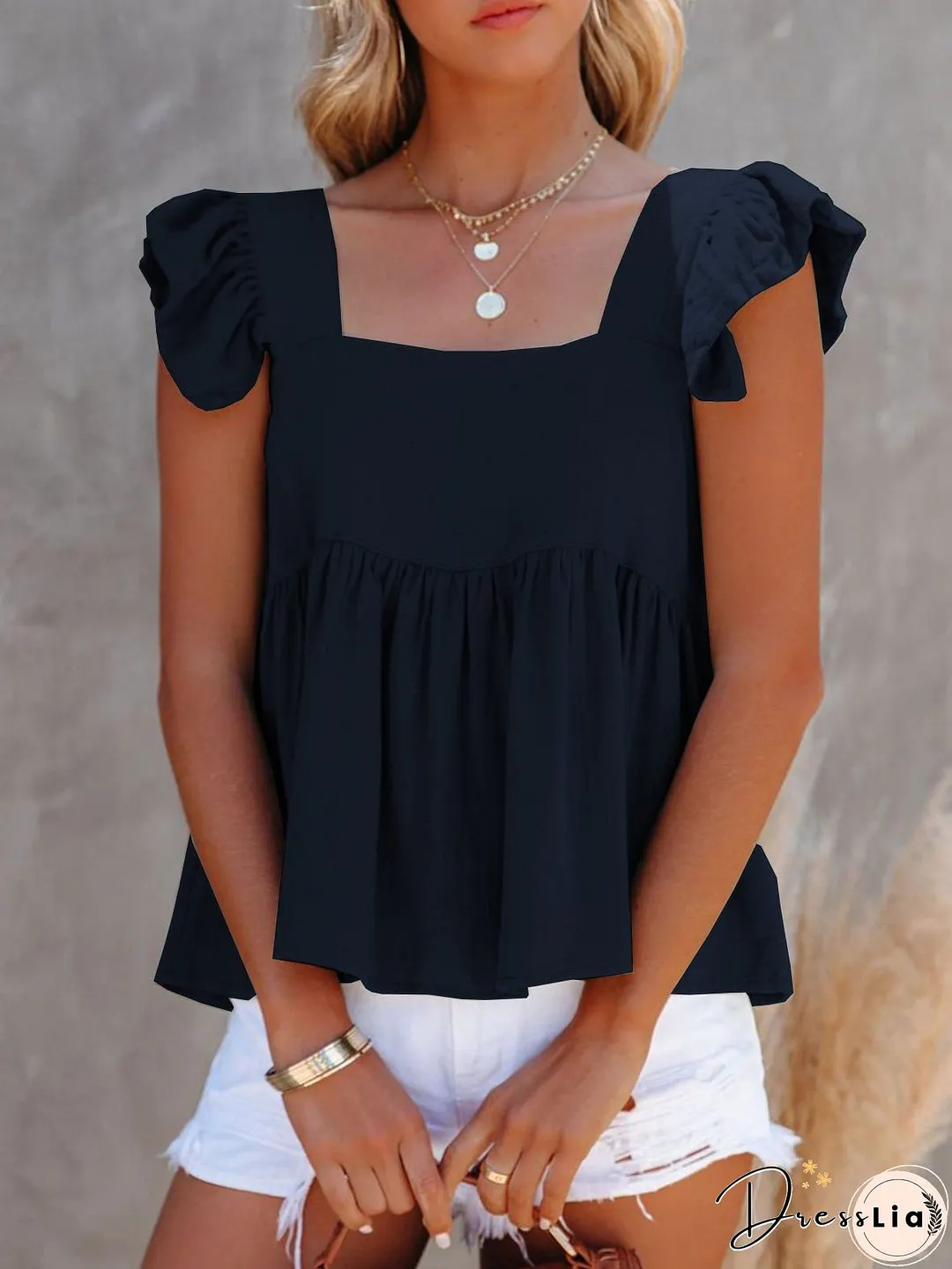 Tank Tops Loose Square Neck Ruffle Sleeve Tank Top for Women