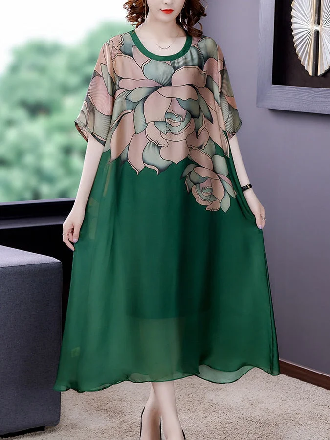 Vintage Loose Flower Printed Silk Dress Summer