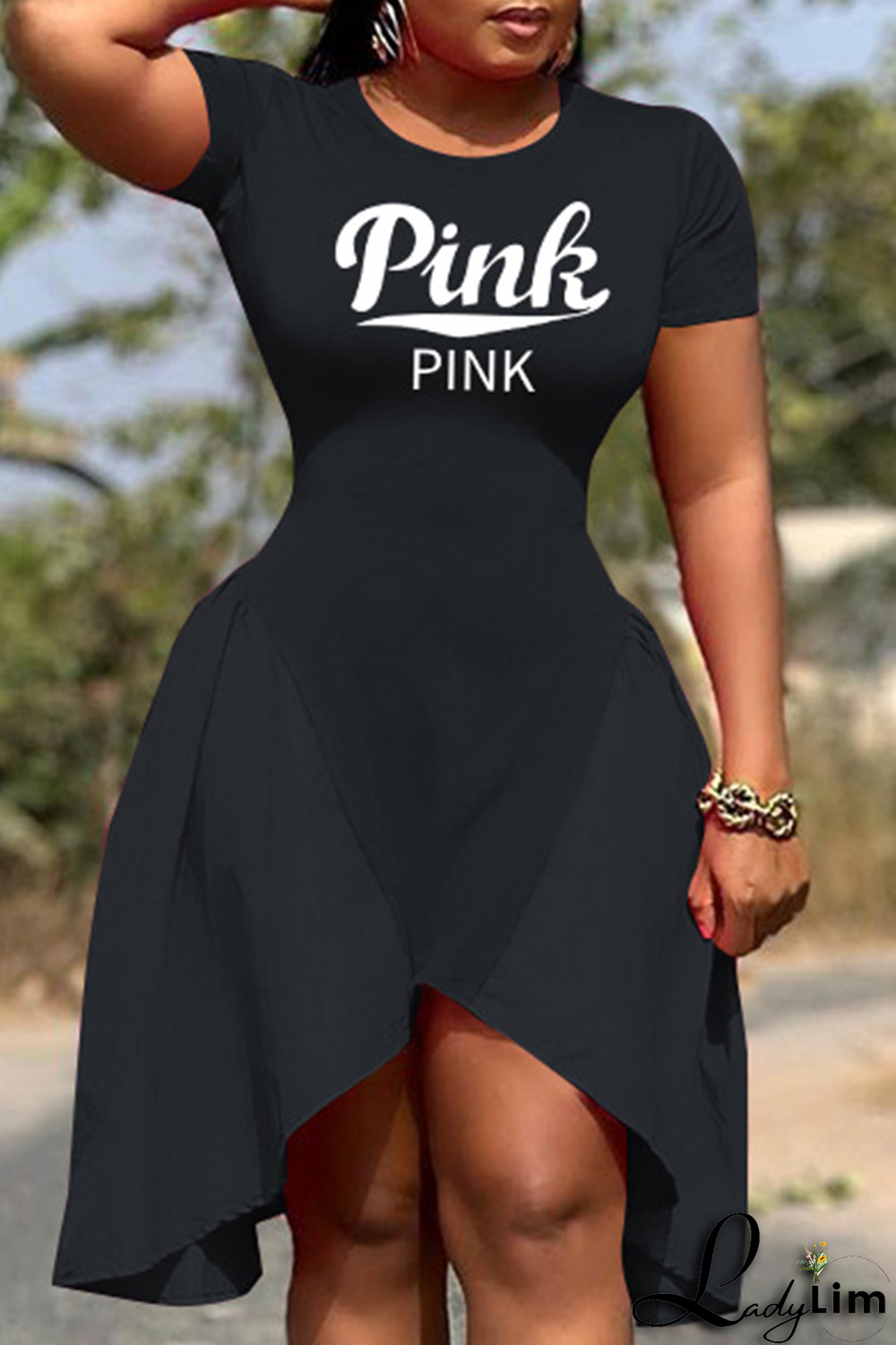 Orange Fashion Print Patchwork O Neck Irregular Dress Dresses