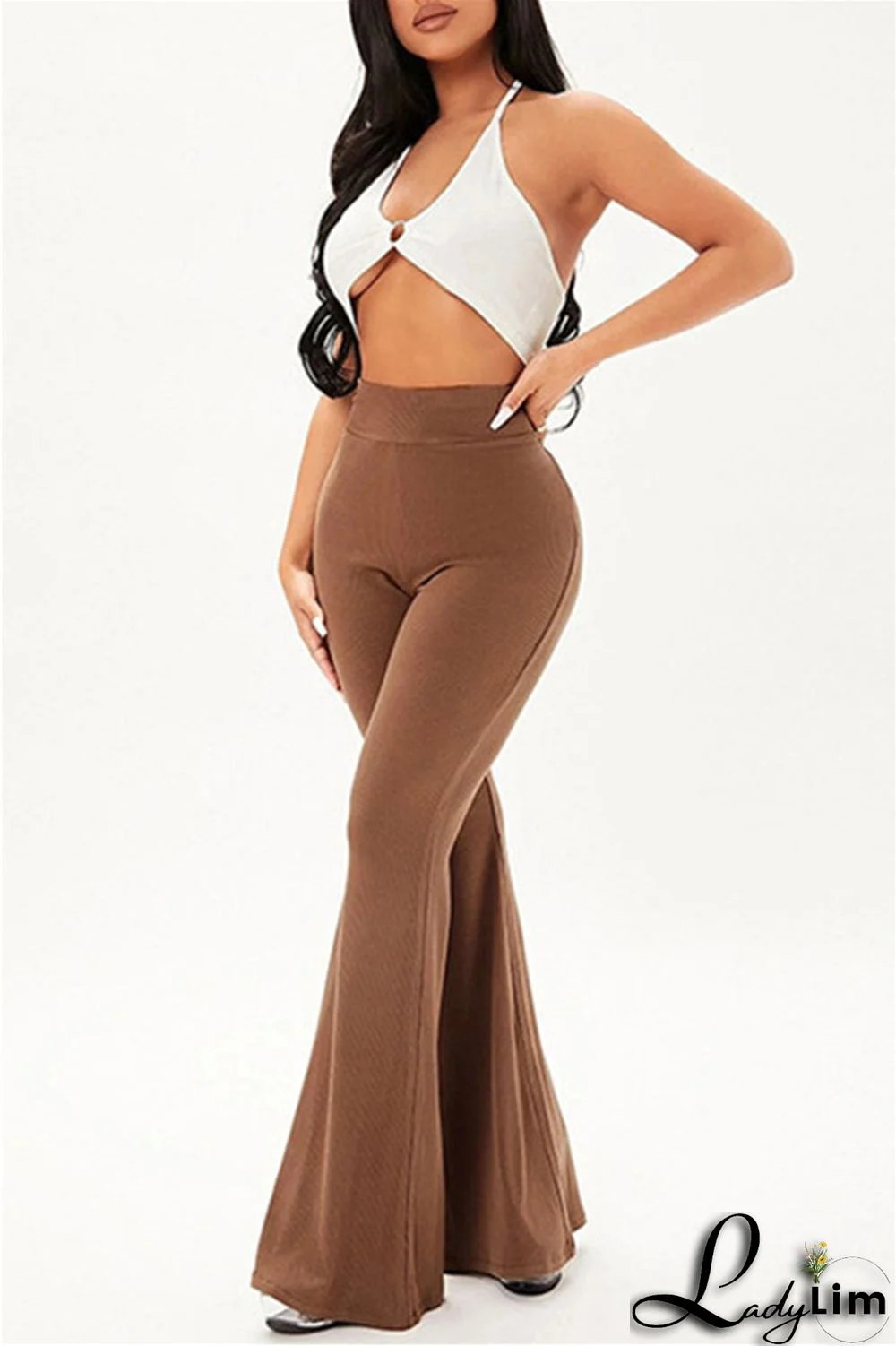 Coffee Fashion Casual Solid Basic Regular High Waist Speaker Trousers