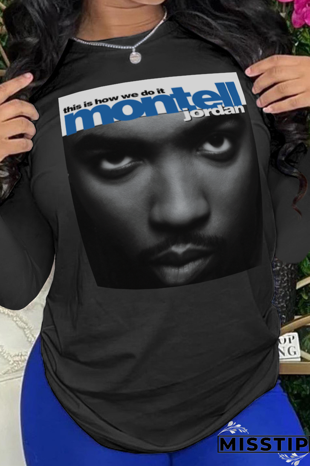 Black Daily Print Letter O Neck Tops