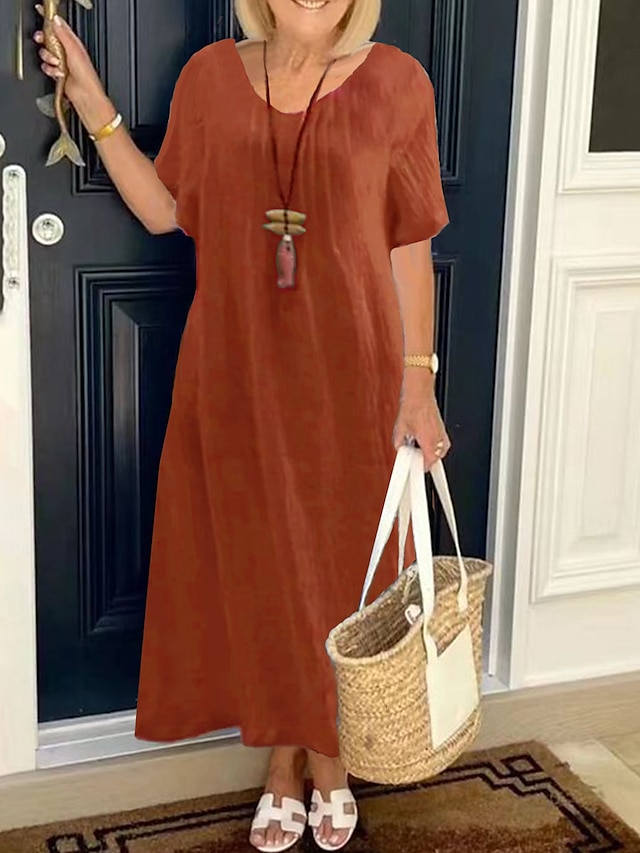 Plus Size V-neck Cotton and Linen Loose Casual Solid Color Pocket Dress