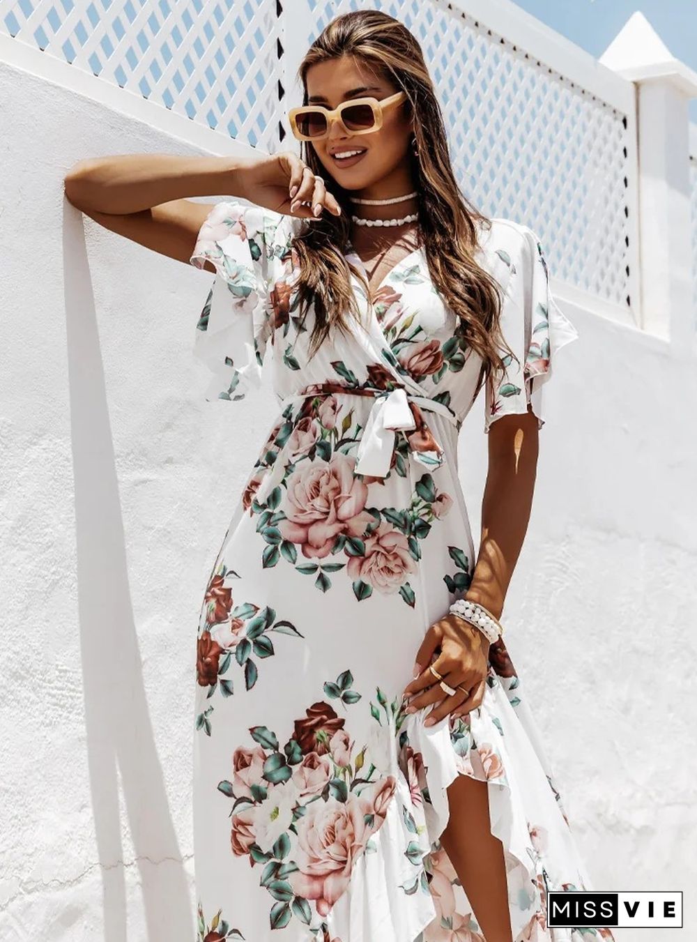 Trendy Print V-neck Lace-up Flounced Irregular Maxi Dress
