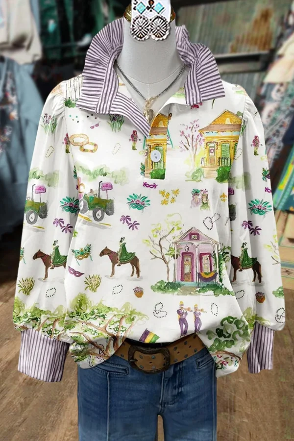 Mixed Mardi Gras Print Striped Top