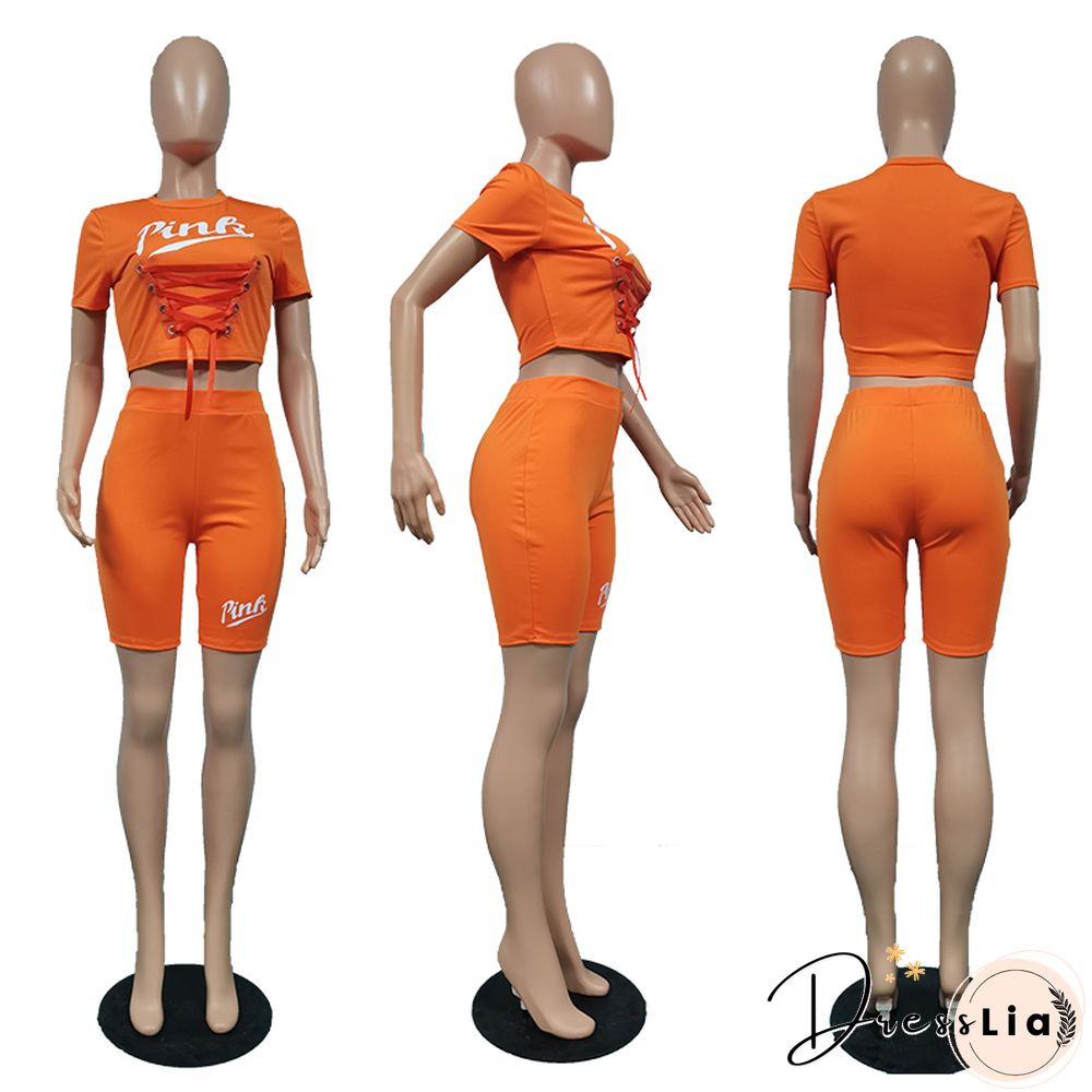 Sportswear Short Sleeve Crop Tops Biker Shorts Set