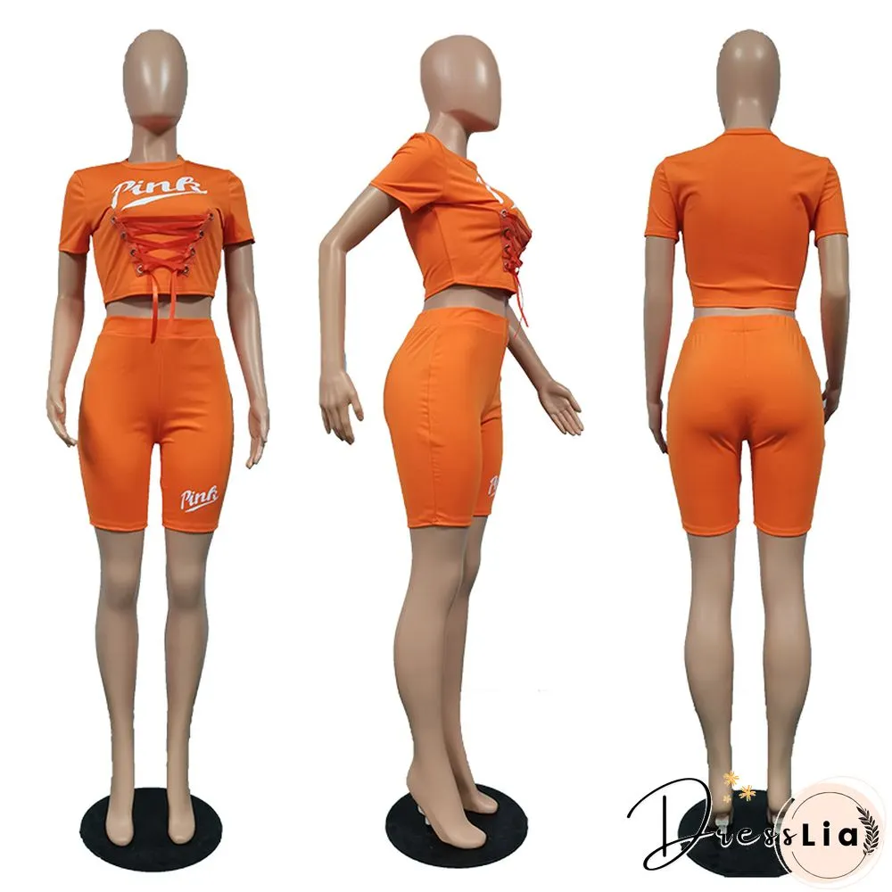 Sportswear Short Sleeve Crop Tops Biker Shorts Set