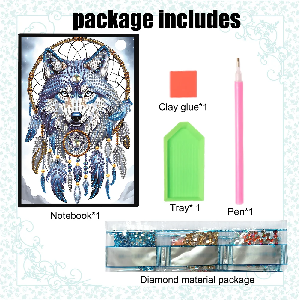 Animal Diamond Painting Notebook DIY Diamond Art Diary Book(Dreamcatcher Wolf B)