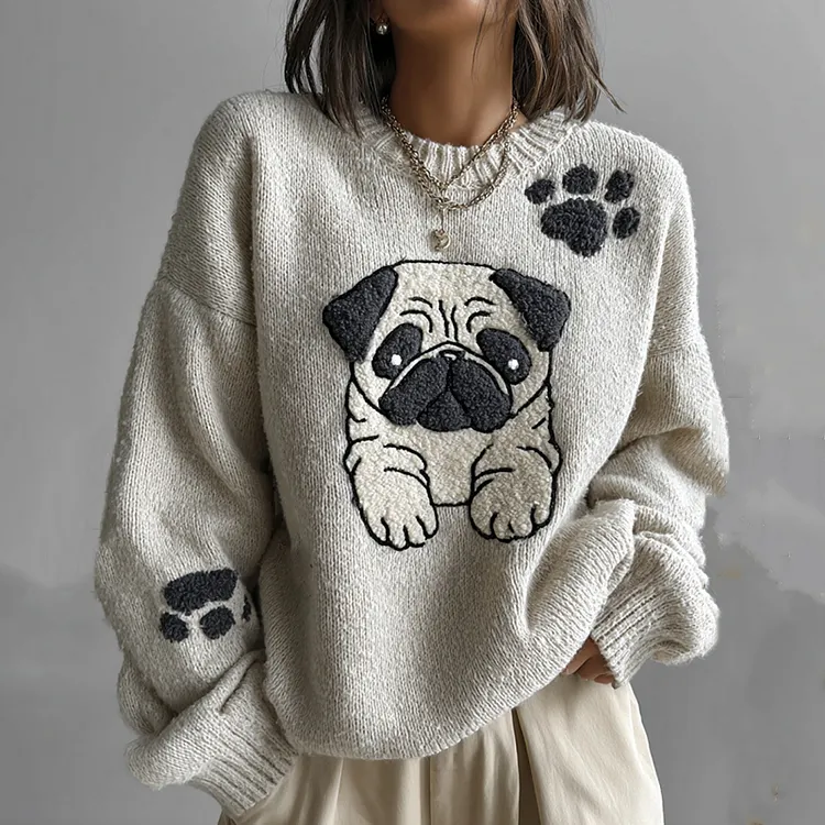 Lovely Cute Pug And Paws Embroidery Art Loose Cozy Knit Sweater