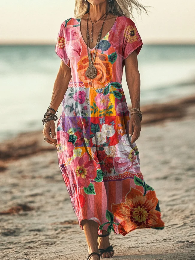 Women's Vintage Floral Collage Print Pocket Cotton Dress