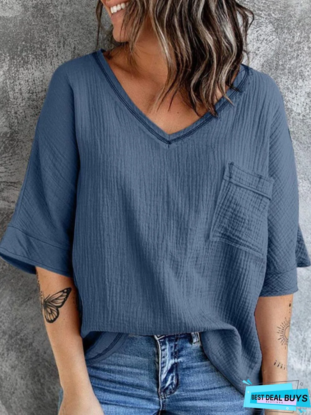 V-Neck Solid Color Loose Casual Short-Sleeved Blouse Linen