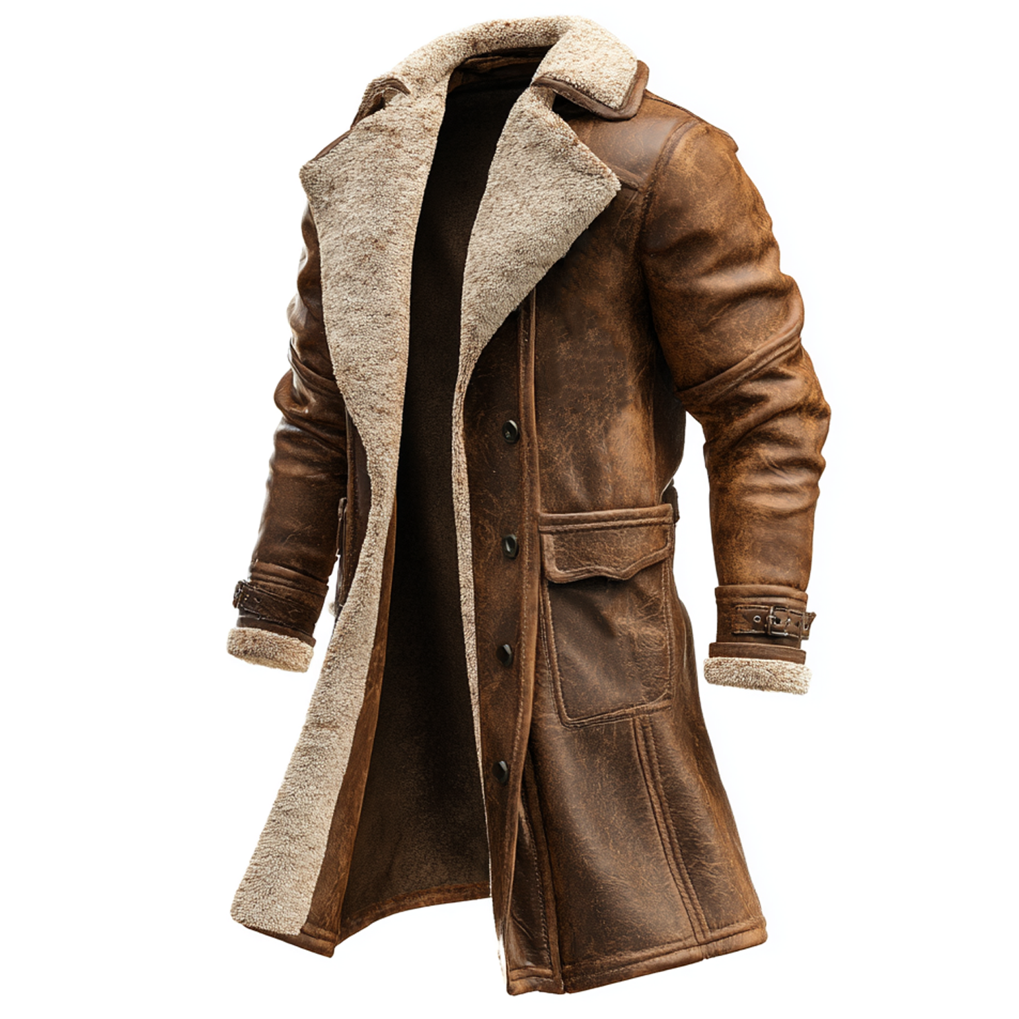 Vintage Brown Leather Coat with Faux Fur Lining