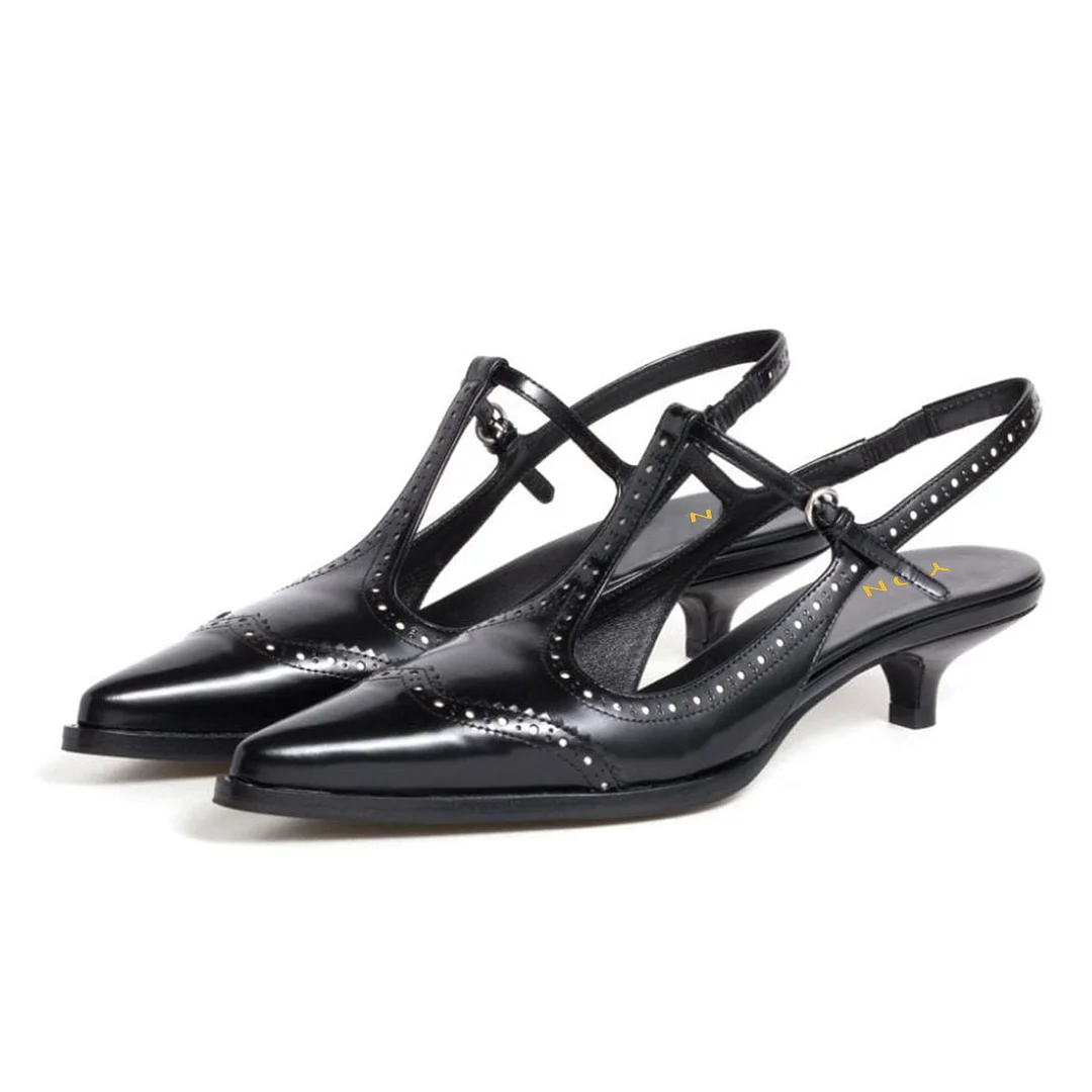 Black Pointed Toe Buckle Strap Slingback Pumps with Kitten Heels