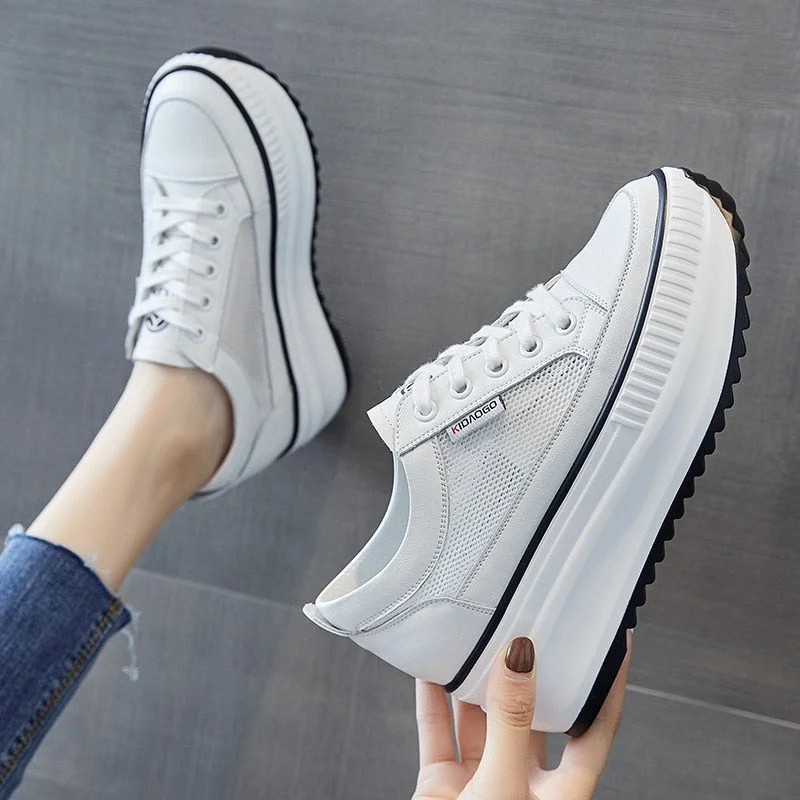 Fujin Dad Shoes Chunky Sneakers Wedge Heel Platform White Air Mesh Hollow Shoes Casual Shoes Sneakers Vulcanized Shoes Winter