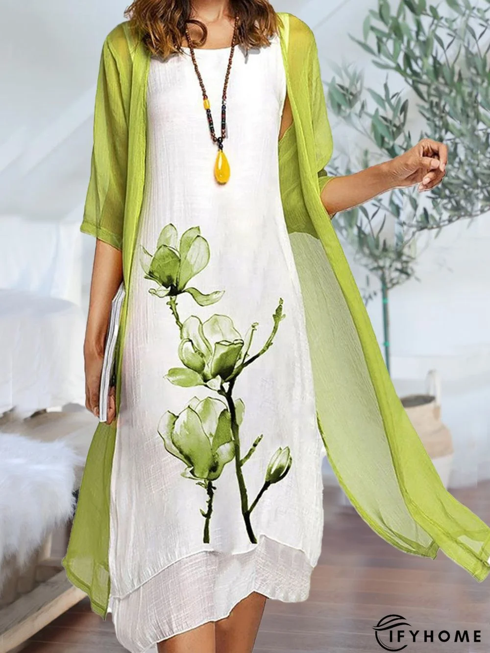 Two Piece Casual Round Neck Floral Print Linen Half Sleeve Solid Dress | IFYHOME