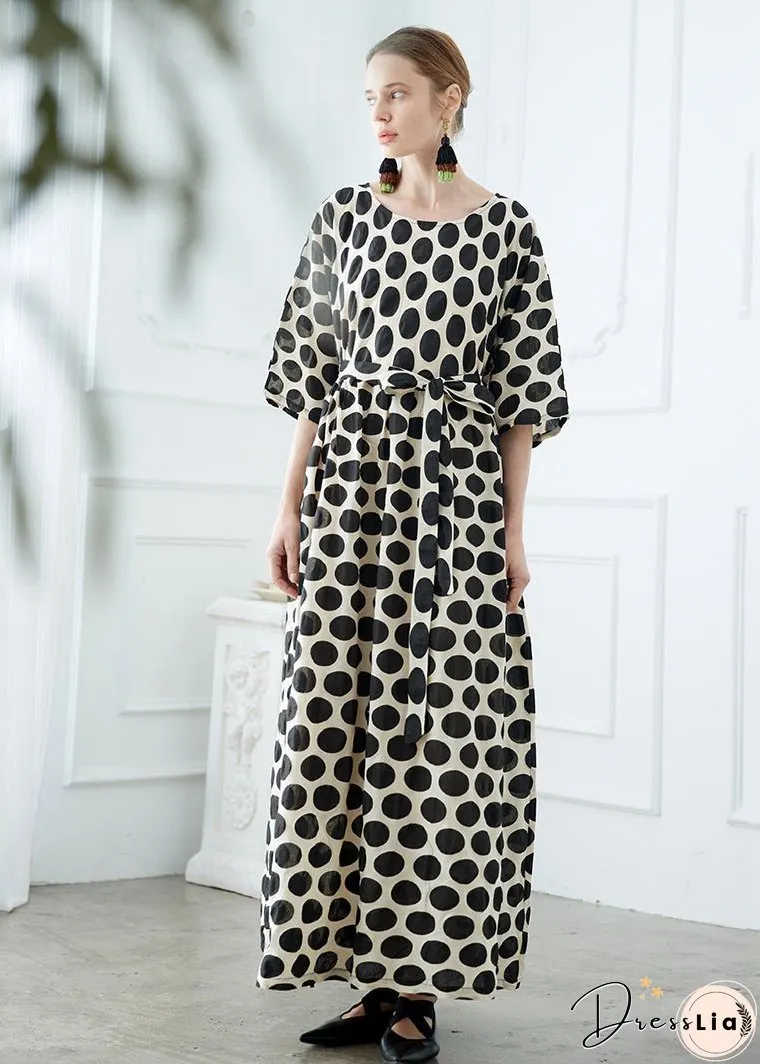 Stylish Black O Neck Dot Patchwork Cotton Robe Dresses Summer