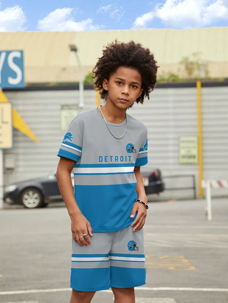 Detroit Lions New Design Kids（5-14Y)' Casual Crew Neck T-shirt And Drawstring Shorts  2pcs/Set